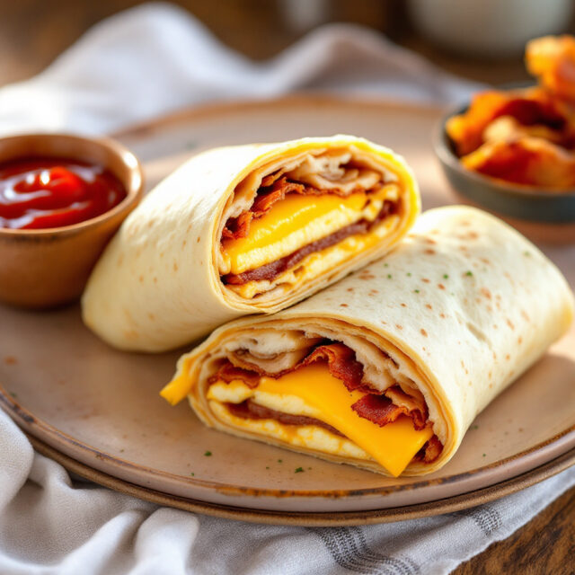 a breakfast wrap with egg patty cheese and bacon